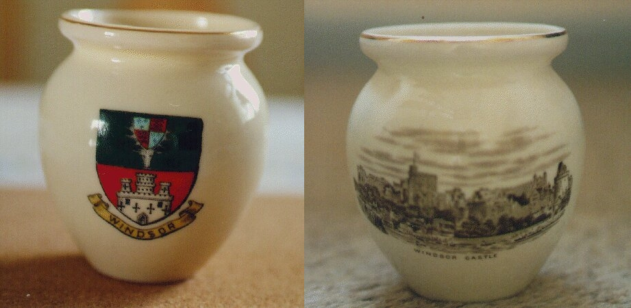 White Goss China model of Urns with Windsor crest and Castle Print